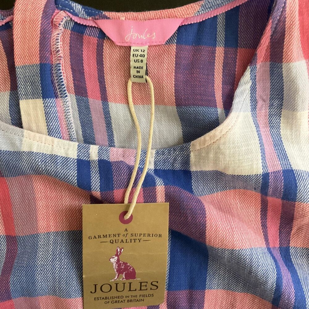 Joules Dress Womens 8 Pink Blue Plaid Sleeveless Tie Belt Midi Cottage New - Picture 10 of 14